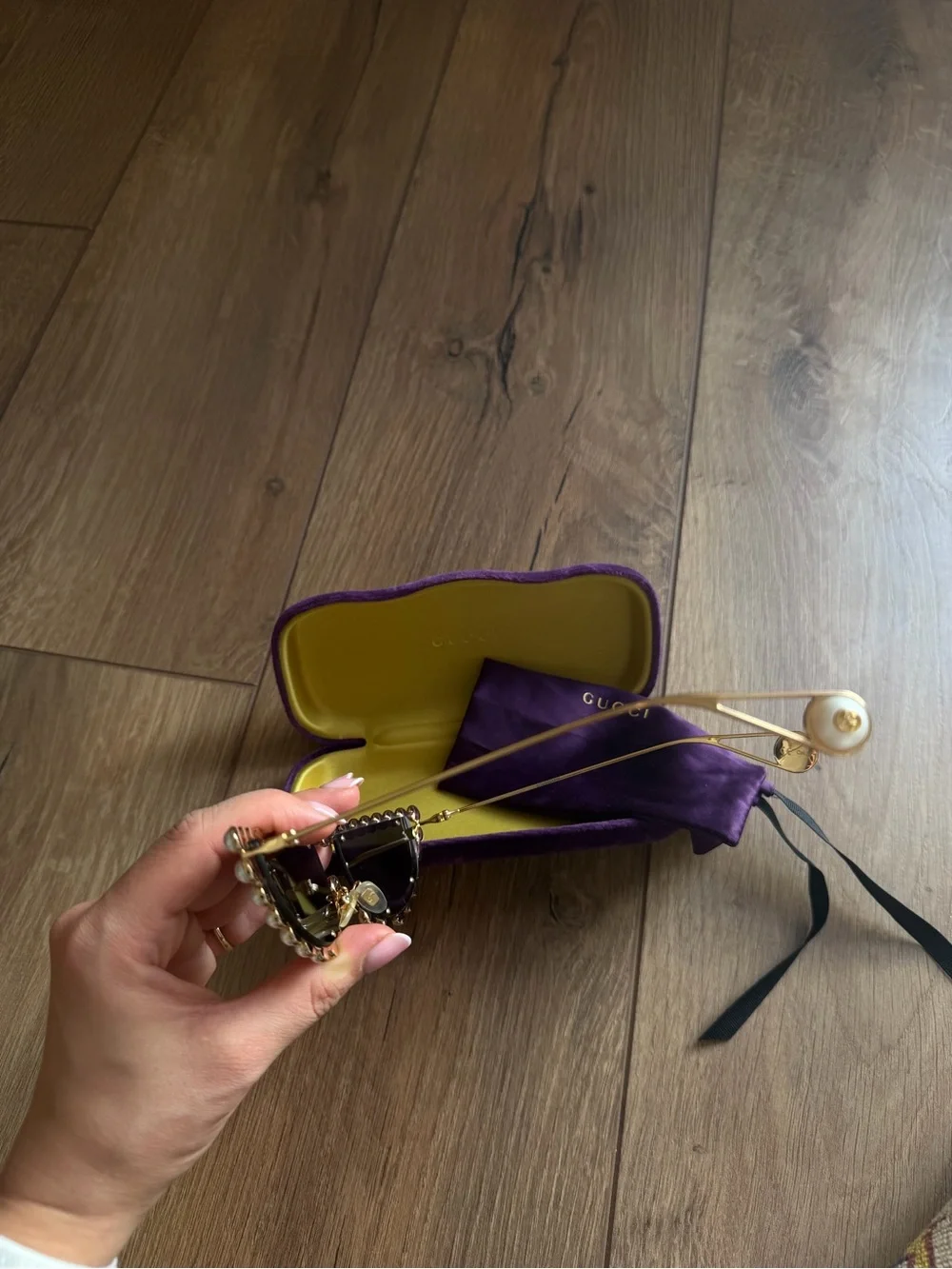 Gucci Pearl-Trim Cat Eye Sunglasses - Purple/Gold